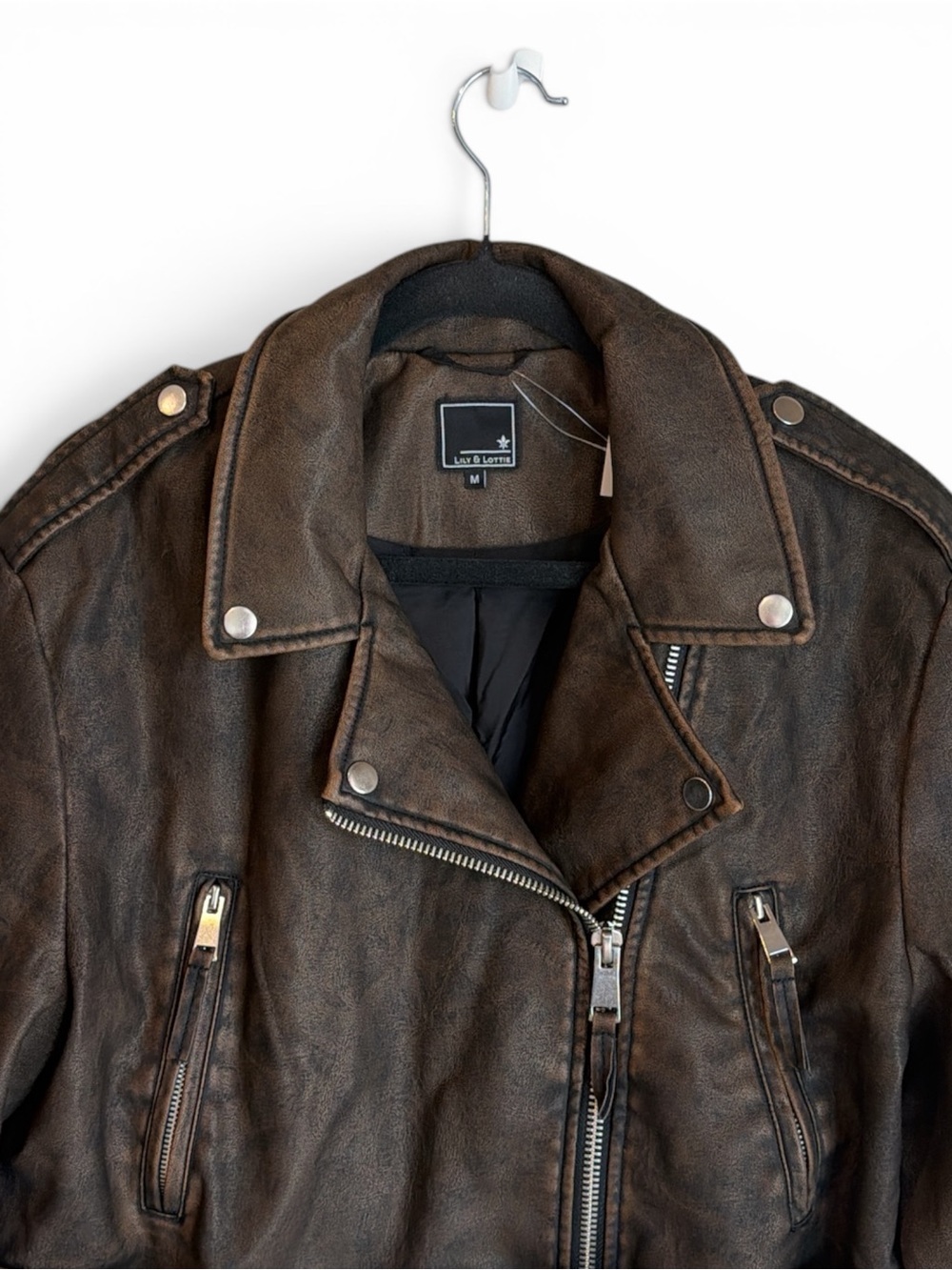 Lily & Lottie Akira Moto Jacket Size Medium Brown Asymmetrical Zip Front NEW - Picture 4 of 13